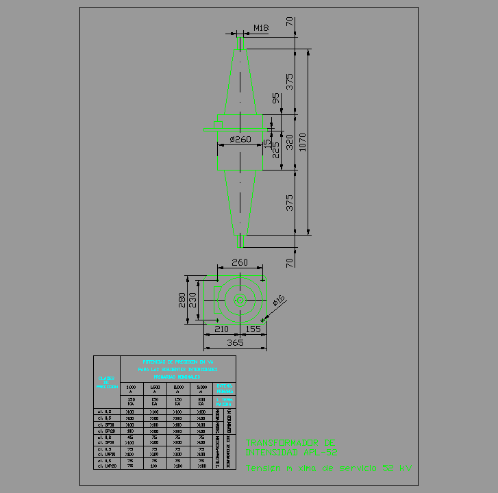 Bloque Autocad Transformador de intensidad APL-52, servicio interior tipo pasamuro, 52KV.